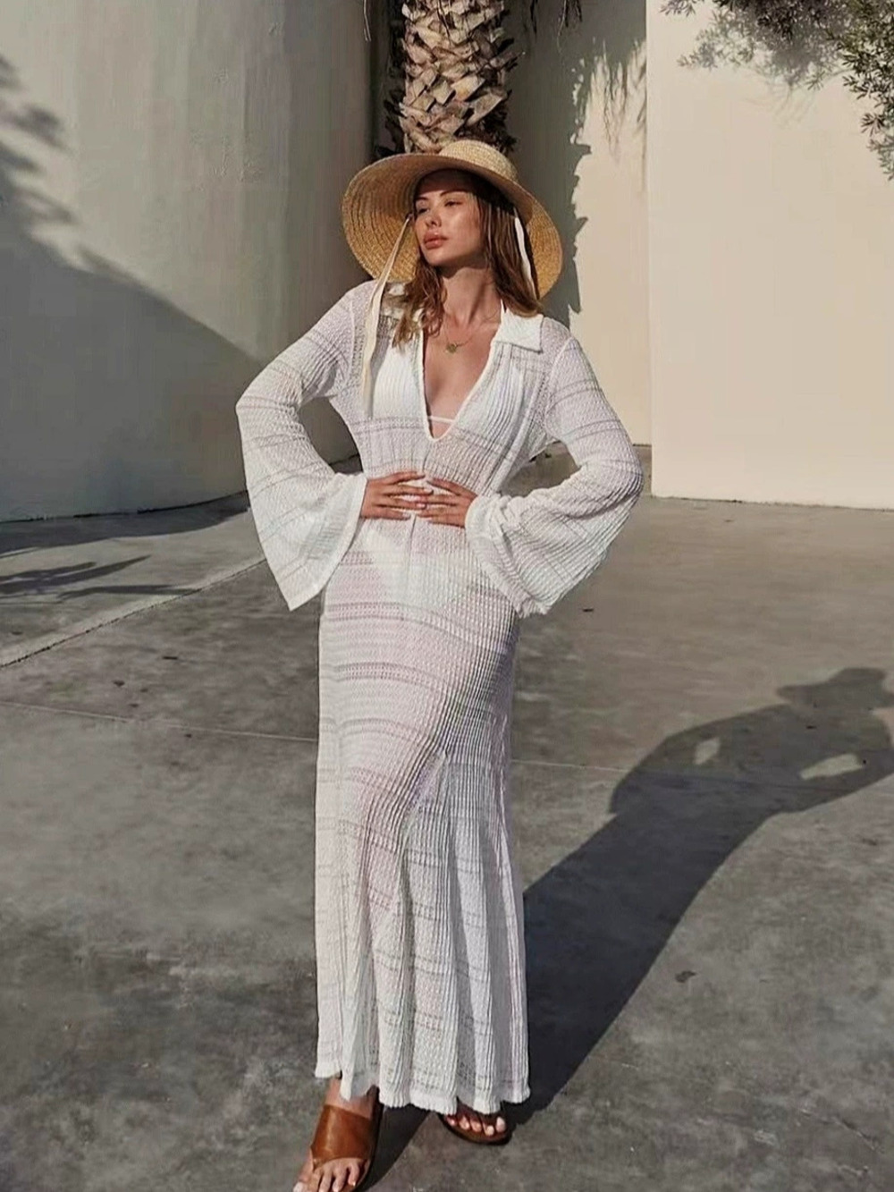 ZARA Vacation Beach Dress Cover Up Long Sleeve Hollow Out Deep V Maxi Dress
